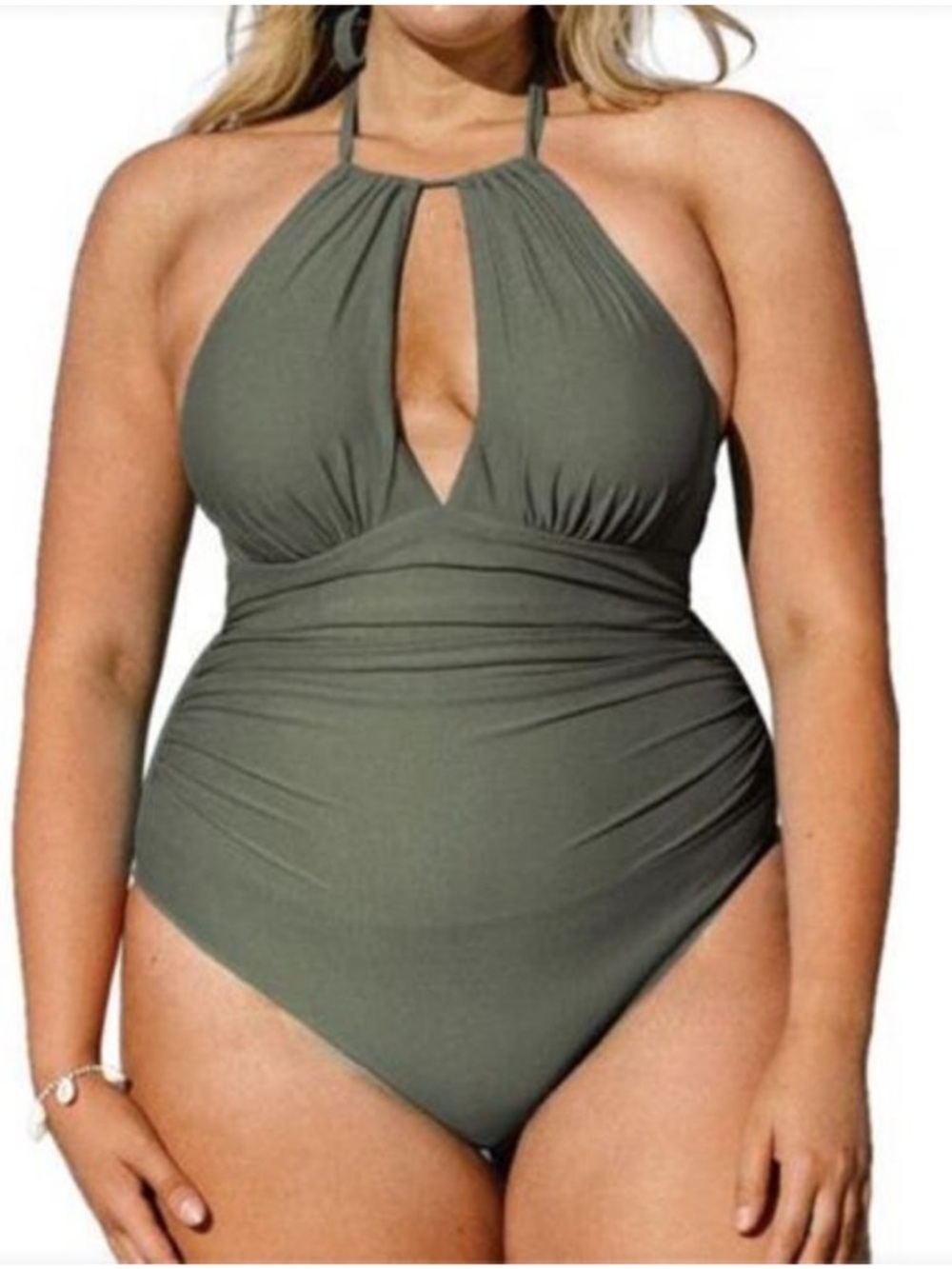 Cupshe Halter Ruched One-Piece Swimsuit Size 1X Olive Green Removable Pads